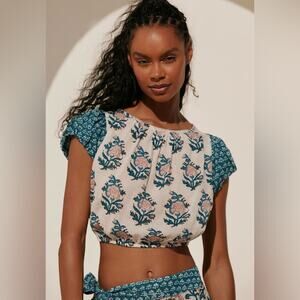 Anthropologie Celandine Short Sleeve Tie-Back Crop Top